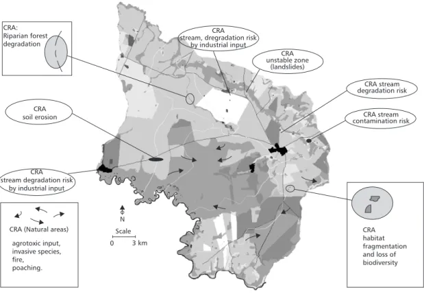 Fig. 5 — Map of the Critical Risk Areas (CRA) with respectives environmental risks and impacts observed in the study area.