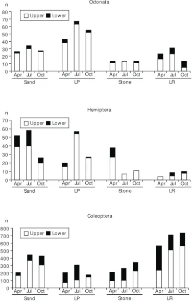 Fig. 2b — Abundance of Odonata, Hemiptera and Coleoptera found at each substrate (sand, litter in pool areas – LP, stone, and litter in riffle areas – LR), comparing the upper and lower stream reaches, in the three sampling periods.
