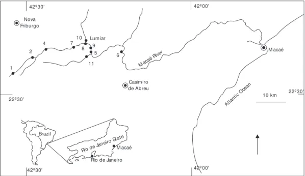 Fig. 1 — Map of the Macaé River watershed, showing the sampling stations (1, 2, 4, 5, 6, 7, 8, 9, 10, 11).