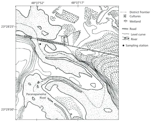 Fig. 1 — Study site (scale: 1:10,000), at mouth zone of Paranapanema River in Jurumirim Reservoir.