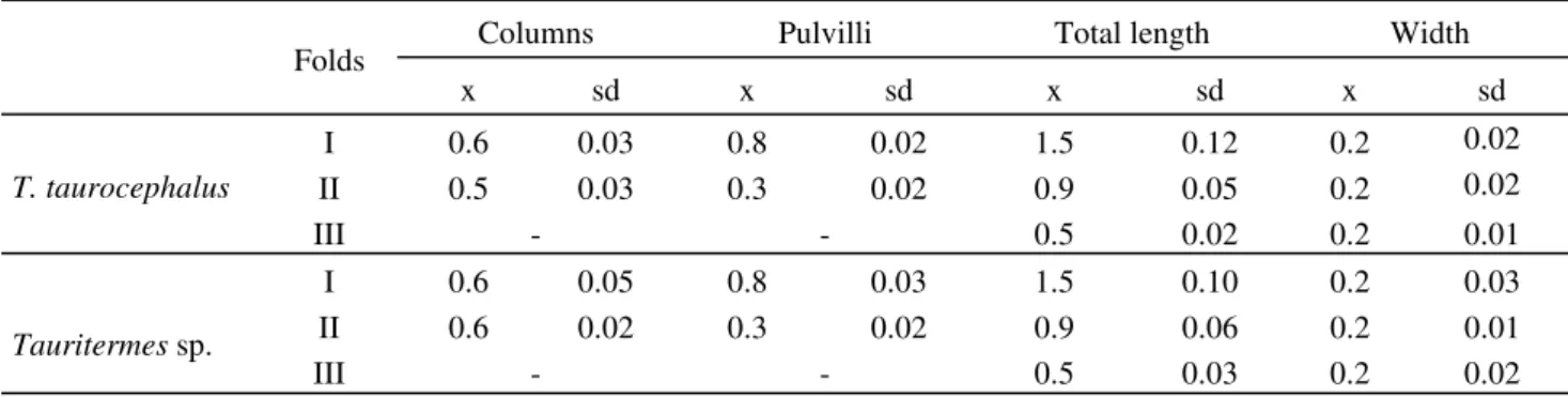 Table 2. Measurements (mm) of the longitudinal folds of the gizzard in T. taurocephalus (n = 30) and Tauritermes sp.