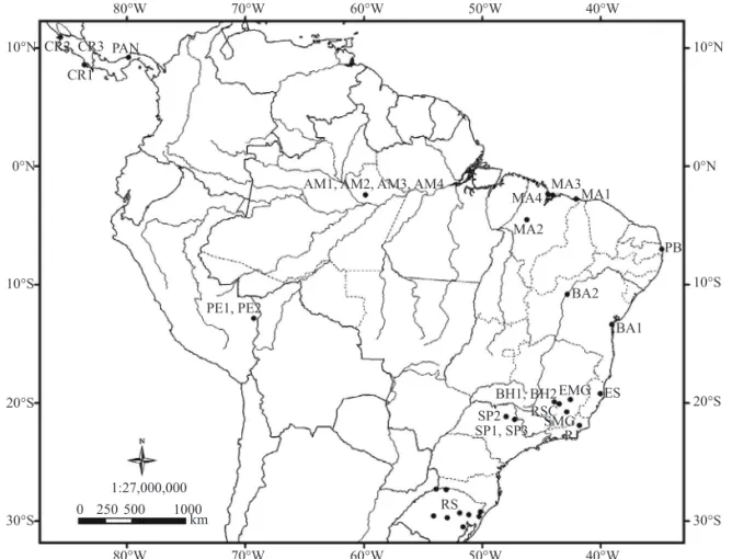 Fig. 1. Sampling sites for Euglossina, which data were employed in this study. Data from the multiple sites in Rio Grande do  Sul state (RS), Brazil, were merged
