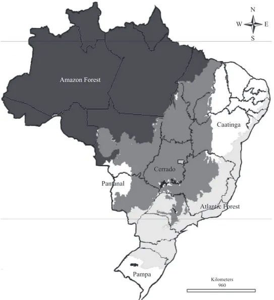 Fig. 5. Geographic distribution of Laranda Walker, 1869 species in South and Southeast of Brazil