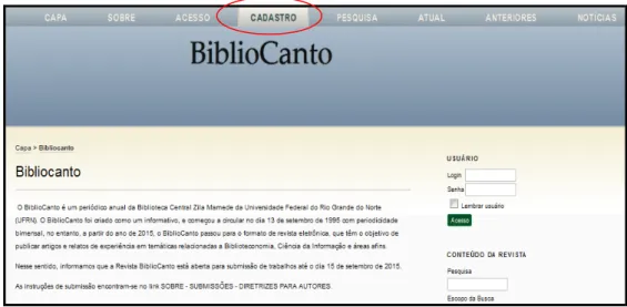 Figura 6  – Realização de cadastro na revista BiblioCanto – item de menu nomeado Cadastro 