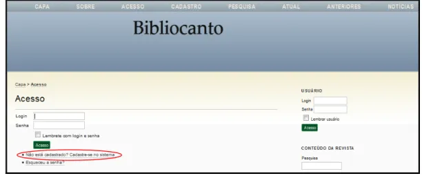Figura 10  – Fluxograma do processo de cadastro na Revista BiblioCanto por meio do botão  de Acesso 
