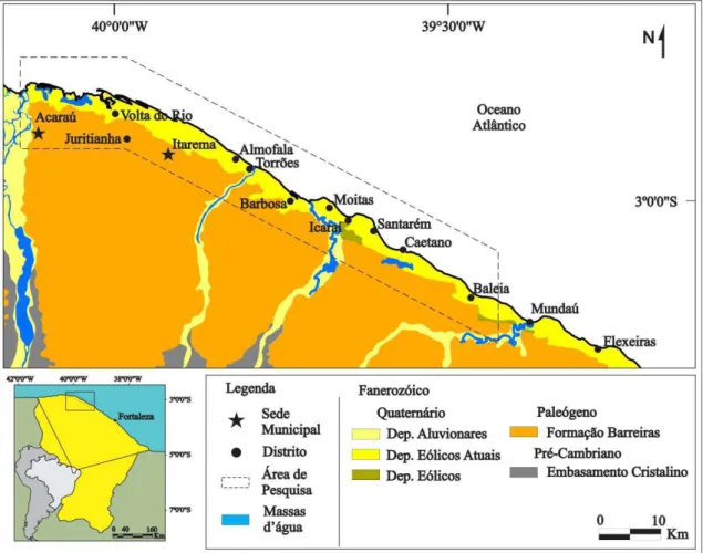Figura 4.1. Mapa de localização da área de pesquisa no contexto geográfico e geológico  (escala original 1:500.000 modificado de Cavalcante et al., 2003)