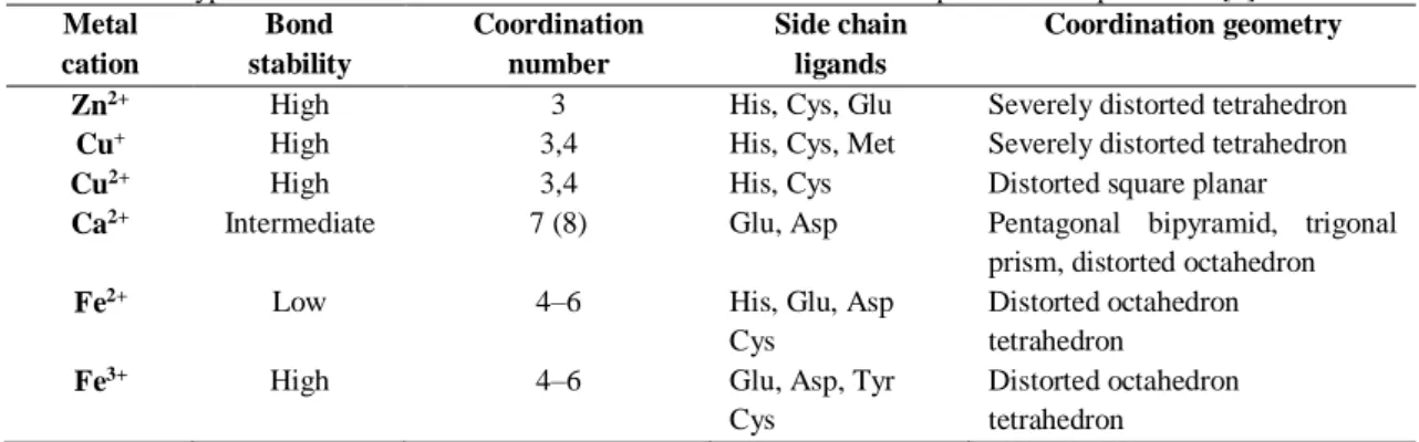 Table 1.1.1 – Typical coordination environments of selected metal cations in proteins
