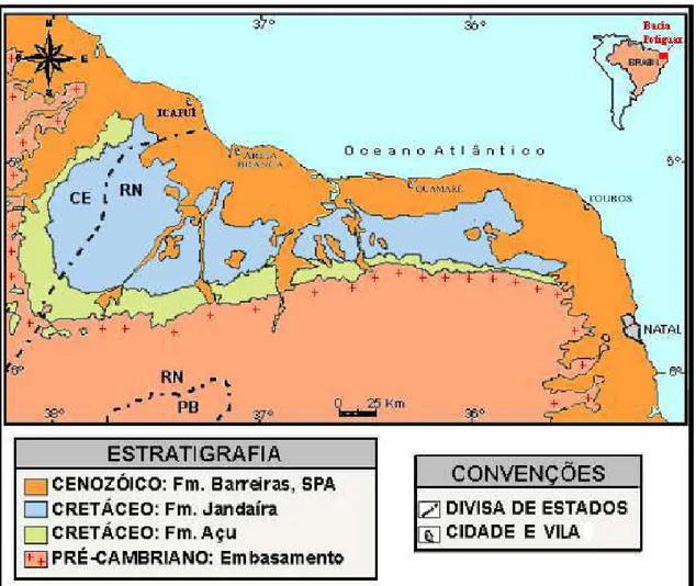 Figura 2.1 - Mapa geológico simplificado da Bacia Potiguar. SPA, sedimentos de praia e aluviais