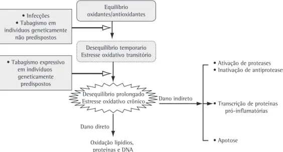 Figura 2 - O estresse oxidativo na DPOC gera danos diretos aos componentes pulmonares e participa como 
