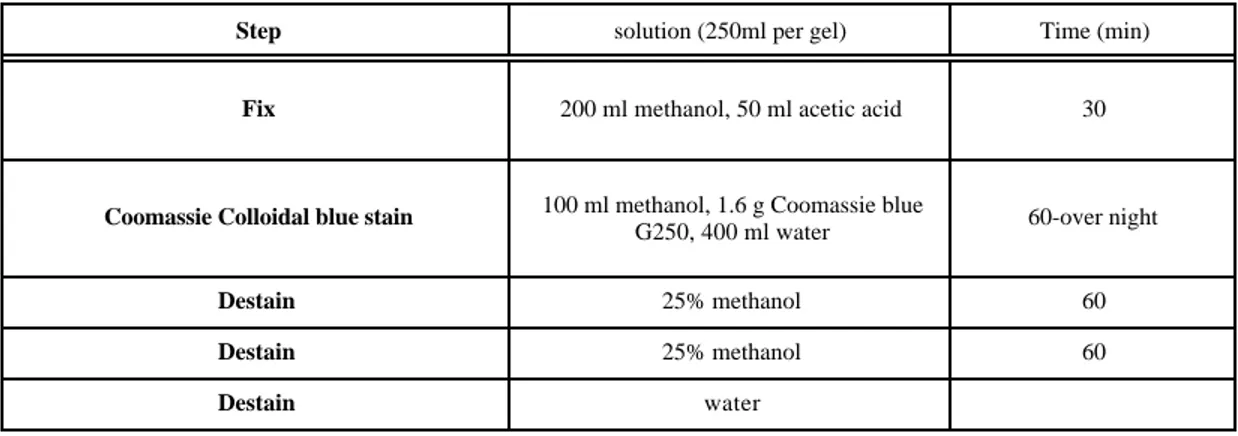 Table 2. Coomassie colloidal blue protocol.