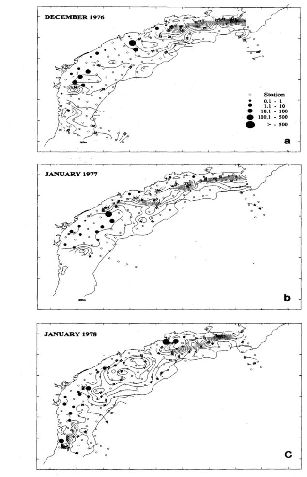 Fig. 2. Spawning areas of the Brazilian sardine. Numbcr of sardine eggs per square meter of sea surface is presented by black dot.