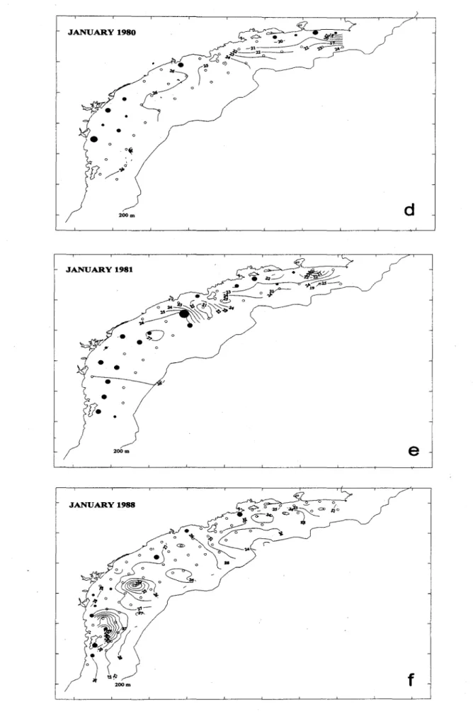 Fig. 2 (cont.). Spawning areas ofthe Brazilian sardine. d) January 1980, e) January 1981, t) January 1988.