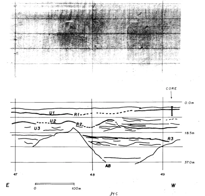 Fig. 2. a) Seismic line and, b) Interpretation ofthe complete section ofseismic sequences and reflectors, found in the northwesternrnost part ofFlamengo Bay.