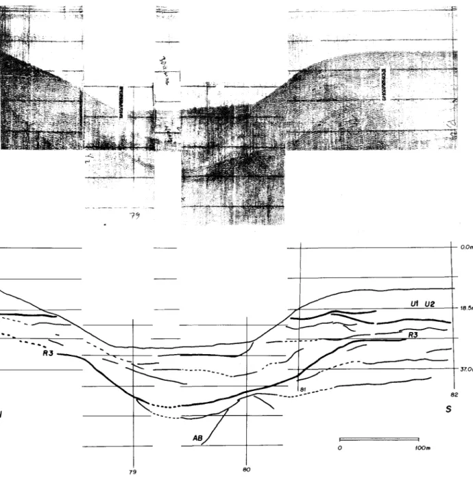 Fig. 4. a) Seismic line across Boqueirão da llha Anchieta Strait and, b) lnterpretation showing truncation of the upper reflectors.