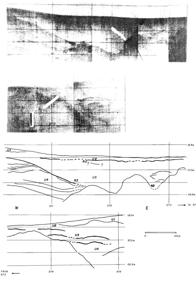 Fig. 5. a) Sismic line along Boqueirão da llha Ânchieta Strait and, b) Interpretation showing the truncation ofthe deeper refIectors.