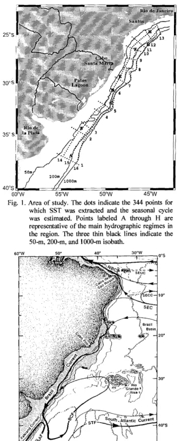Fig. 1. Area of study. The dots indicate the 344 points for which SST was extracted and the seasonal cycle was estimated