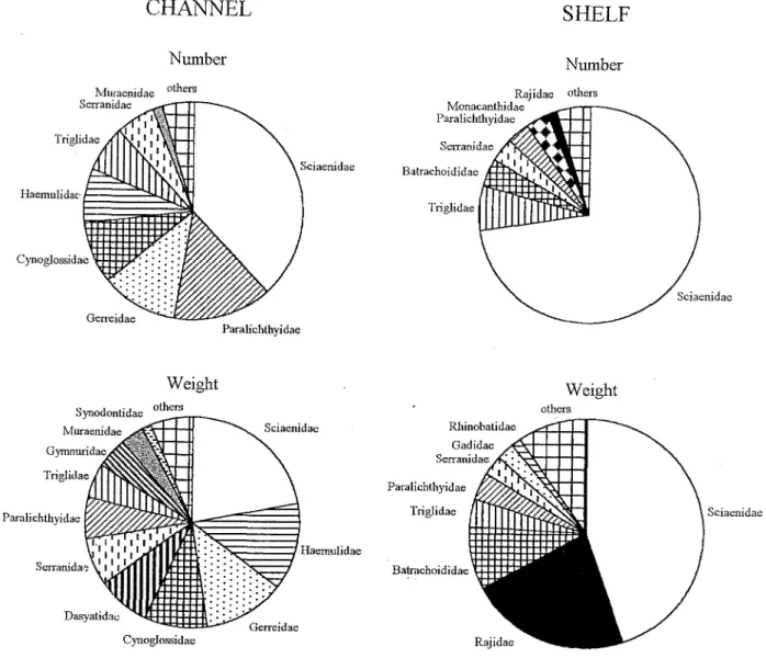 Fig. 4. Relative abundance and weight of demersal fish families sampled in Channel and shelfhabitats ofthe São Sebastião area.