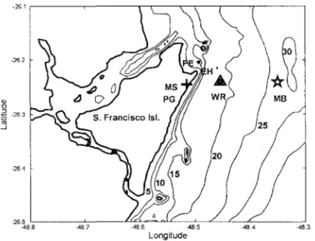 Fig. 1. Location of the study site at São Francisco do Sul  Island. The positions of the Enseada Beach (PE) and  Headland (EH), of the Waverider buoy (triangle  labeled WR), of the meteorological station (cross  labeled MS), of Praia Grande (PG) extending 