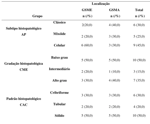 Tabela 5. Distribuição dos casos segundo as classificações morfológicas e de acordo com a  localização em GSME e GSMA