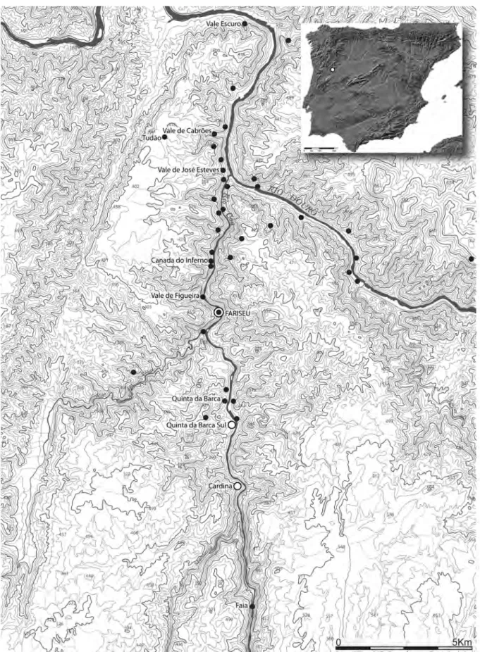 Fig. 1: Localização do sítio do Fariseu no contexto do Azilense do Vale do Côa e na Península Ibérica
