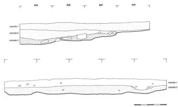 Fig. 14 Quinta da Torrinha. Cortes estratigráficos do Sector I (em cima) e do Sector II («Corte Sul»; em baixo)  (escala = 1 metro).