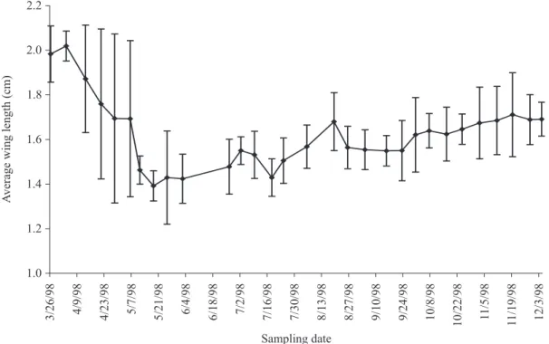 Fig. 5. Combined average wing length of all casts from March 26 to December 4, 1998.