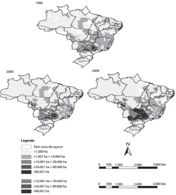 Figura 1 - Espacialização da produção de cana-de-açúcar no Brasil (1990, 2000 e 2009) 