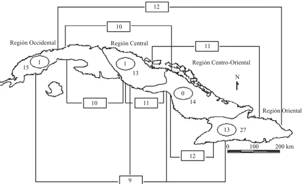 Fig. 2. Mapa de endemismos de las especies del orden Ephemeroptera en Cuba, según las regiones geográ ﬁ  cas