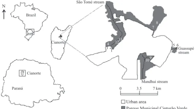 Fig 1 Location of the municipality of Cianorte, PR, Brazil, and trap distribution for collection of sand  ﬂ  ies