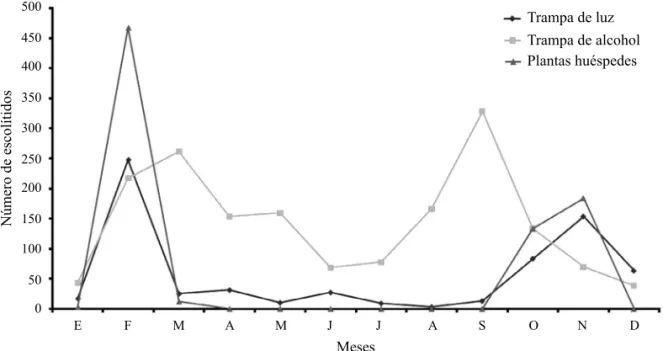 Fig 1 Fluctuación poblacional de escolítidos capturados con tres métodos de recolecta en el año 2007 en Río Seco, Tabasco,  México