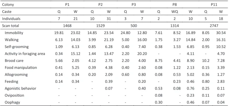 Table 2 Behaviors of dealate queens (Q), winged queens (WQ), and workers (W) in five colonies of  Pachycondyla striata  collected in the region of Viçosa, MG, Brazil.