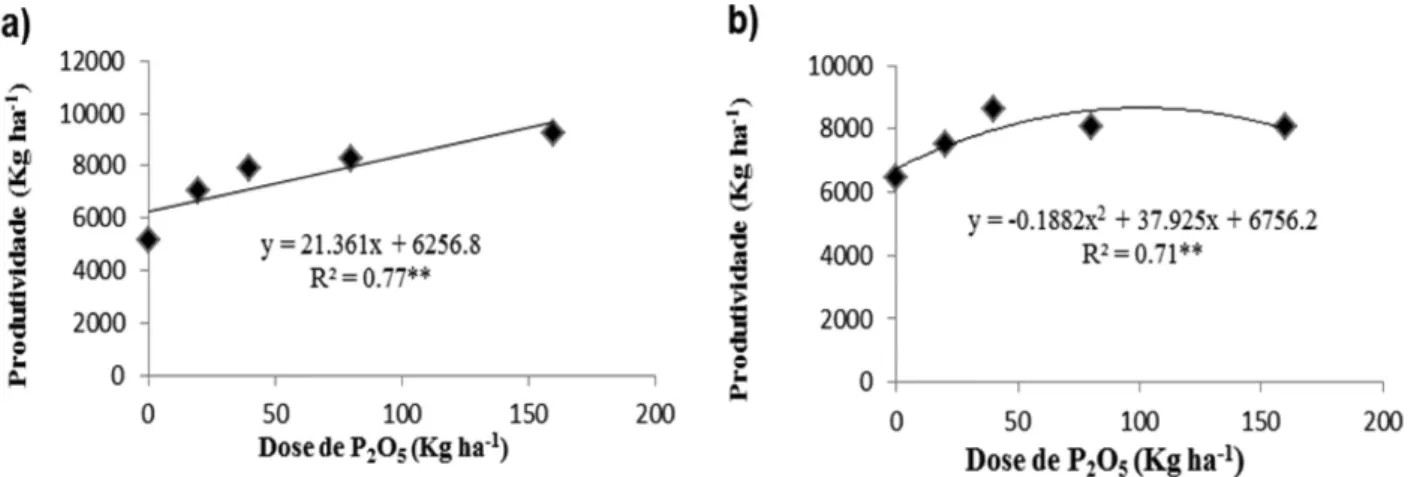 Figura 2. Peso de 1.000 grãos em função da adubação fosfatada a) na ausência da inoculação; e b) na presença  da inoculação.