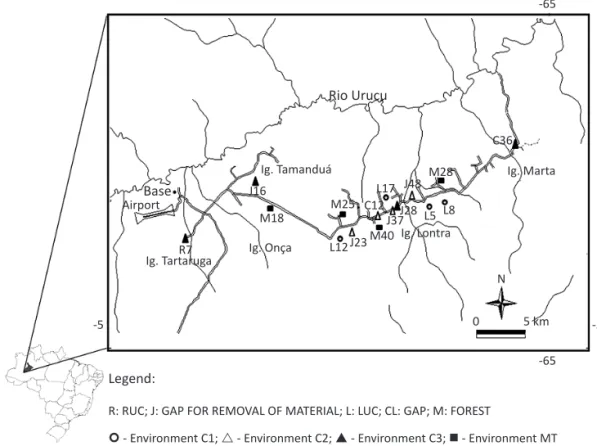 Fig1  Map  showing  the  16  areas  studied  in  the  Base Operacional Geólogo  Pedro de Moura (BOGPM),  Urucu River Basin, Coari,  Amazonas.-65-65-5N05 km-5Rio UrucuBaseAirportIg