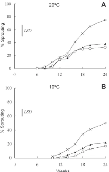 Figure 3. Effect of maleic hydrazide on rotting of onion bulbs stored  at  4,  10  and  20  ºC  ( ✕ control,  ▲ MH 1 ,  ❍   MH 2 ) (LSD at P < 0.05).