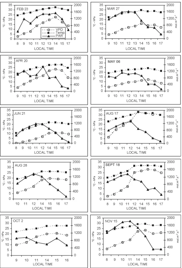 Figure 1. Diurnal variation of photosynthetic photon flux density, air temperature and air vapor pressure deficit in the orchard, during one day of each month of the experiment, measured by an automatic micro-meteorological station.