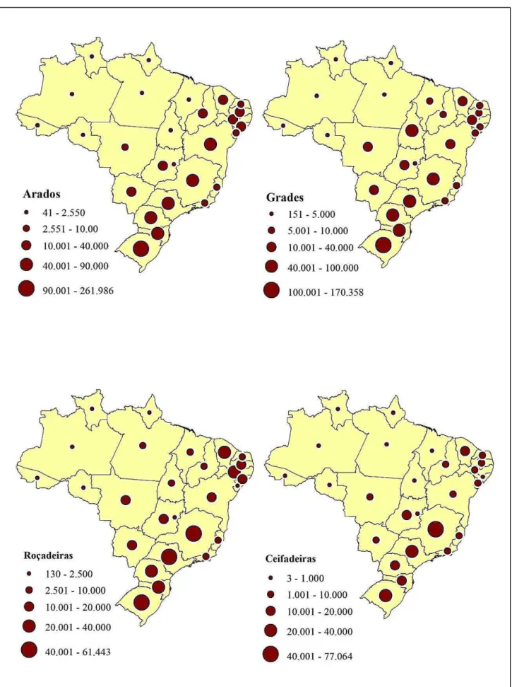 Figura 06: Brasil - Distribuição espacial de objetos técnicos utilizados na agropecuária  (arados, grades, roçadeiras e ceifadeiras)