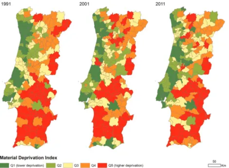 Fig. 6. Portugal: Rurality Index (RI) by municipality in the last 20 years. The ﬁgure shows the geographic distribution of the Rurality Index, by quintiles