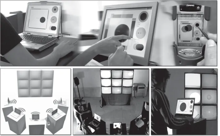 Figure 4. Different interfaces for desktop, touch-screen and PDA hardware clients; The PSOs installation site graphic prototype and photos from the installation at Porto School of the Arts in October 2004.