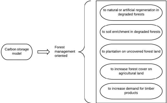 Figure 2 presents the schematic model of forest management for carbon storage. The objective in this case is to increase the amount of carbon in forest vegetation and soil by increasing the surface and/or carbon content of biomass in natural and planted fo