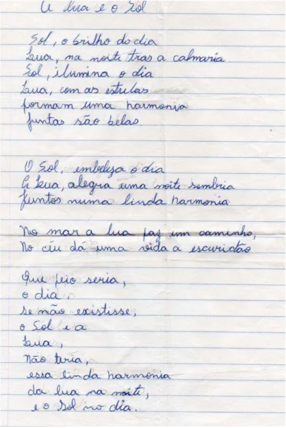 Figura 2: Poesia escrita em 1997  – “A lua e o sol”.  Fonte: arquivo pessoal. 
