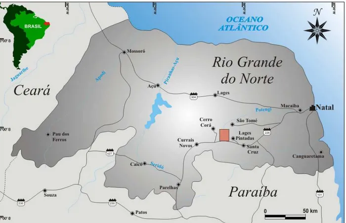 Figura 1.1: Mapa de localização da área estudada. O retângulo representa o local de ocorrência  do Plúton Serra Verde