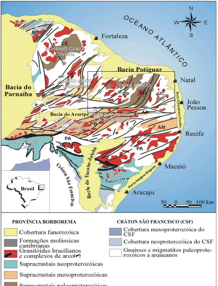 Figura 2.1: Mapa geológico simplificado, mostrando o arcabouço tectono-estratigráfico da  Província Borborema (Compilado de Silva Neto 2005)