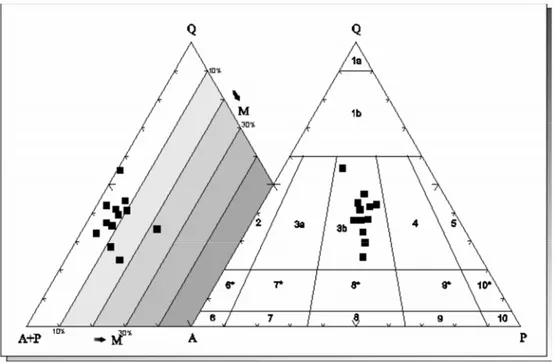 Figura 4.2: Diagramas Q-A-P e Q-A+P-M (Streckeisen 1976) para as  amostras do Plúton Serra Verde (Silva Neto 2005)