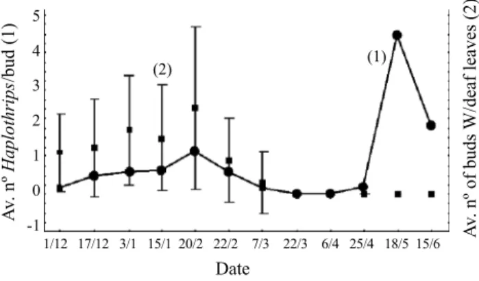 Fig. 2 indicates that leaf damage generally correlates with thrips density. Further experiments are needed to establish if damage results in plants being generally weaker, because plants infested by H
