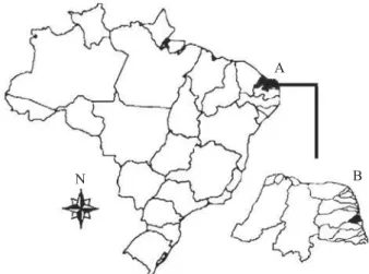 Fig 1 Map of the study area: A – Map of Brazil, showing  the state of Rio Grande do Norte; B – Map of the state of Rio  Grande do Norte, showing the Pirangi river basin.