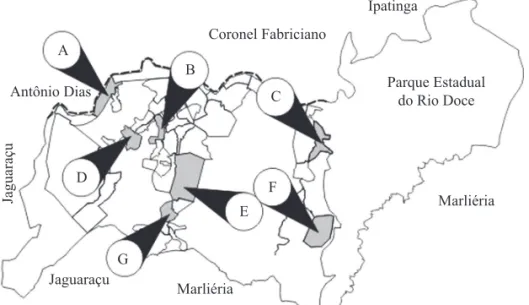 Fig 1 Map of Timóteo where the phlebotomine sand ﬂ  y species were captured: A - Cachoeira do Vale; B - Funcionários; C -  Recanto Verde; D - Alvorada; E - Primavera; F - Macuco; G - São José.