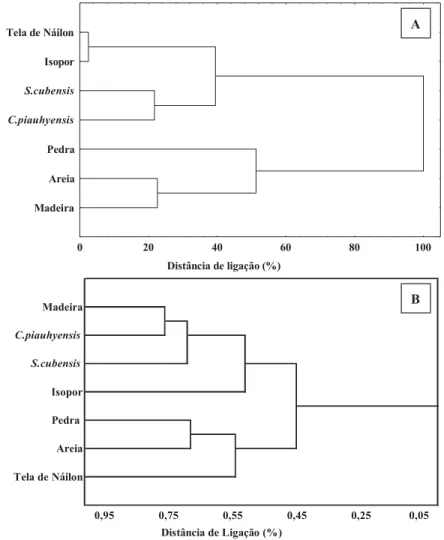 Figura 1: A: Dendograma de agrupamento das assembléias de Chironomidae nos substratos artificiais segundo a análise quantitativa (Distância Euclidiana);