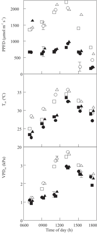 Figure 6 shows the results of principal component analyses (PCA) taking into account all micrometeorological (Figure 3) and leaf physiological (Figures 4 and 5) data obtained throughout clear and cloudy days