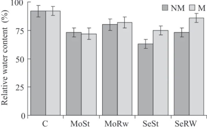 Figure 4. Electrolyte leakage in non-mycorrhizal (NM) and mycorrhizal (M) wheat plants inoculated with Glomus claroideum under well-watered conditions (C), moderate water stress (MoSt), severe water stress (SeSt), moderate water stress followed by rewateri