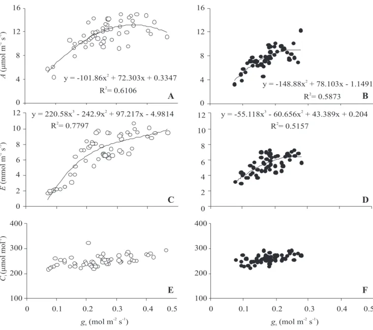Figure 5. Individual readings (replicates) of CO 2  assimilation (A,B), transpiration rates (C,D) and intercellular CO 2  (E,F) in relation to the stomatal conductance for para- ( ° ) and dia- ( z ) heliotropic leaves of S